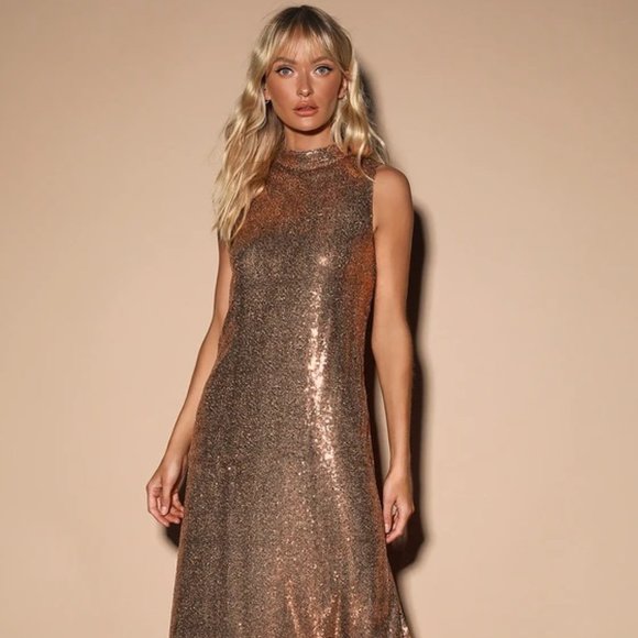 NWT Lulu's Sequin Sleeveless Mock Neck Maxi Dress Rose gold - Picture 1 of 5